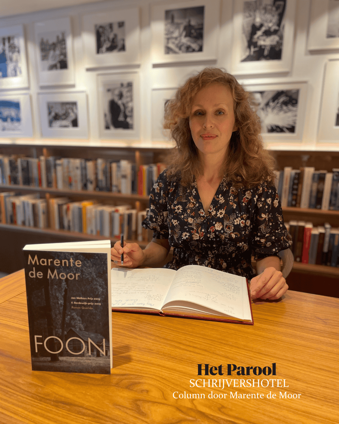 Author marente de moor signing her book foon at the ambassade hotel for the hotel library.