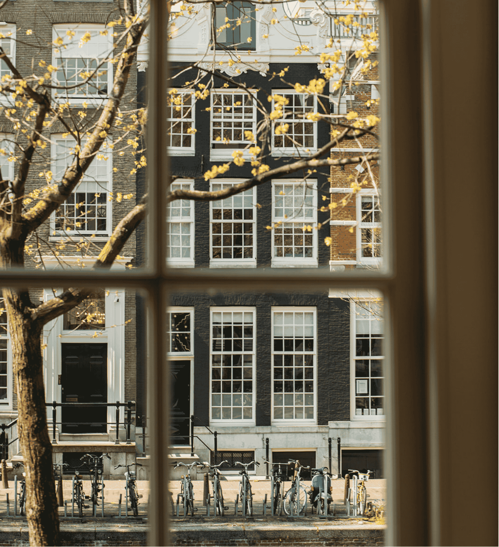 Vue depuis une chambre de l’hôtel Ambassade sur des maisons le long des canaux et des arbres en fleurs au printemps à Amsterdam.